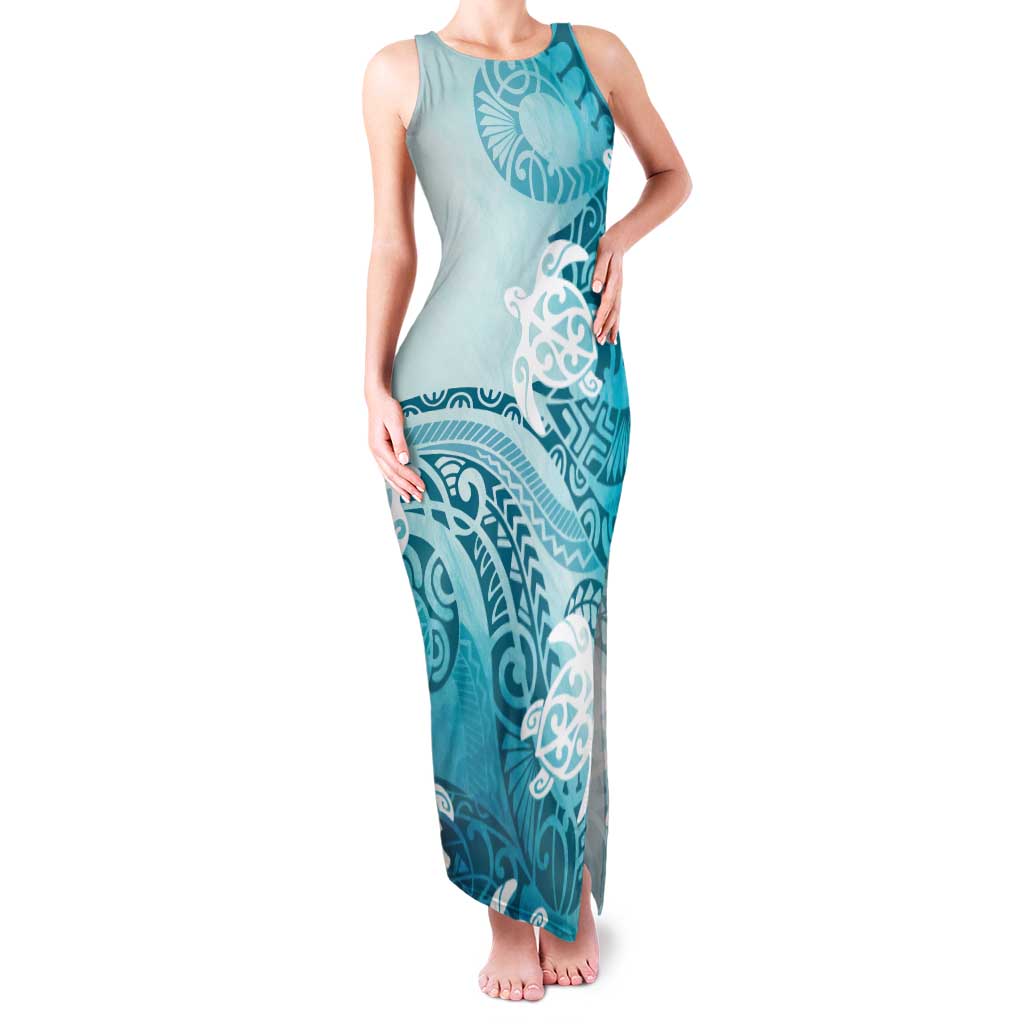 Polynesia Turtle Family Matching Tank Maxi Dress and Hawaiian Shirt Watercolor Abstract Style