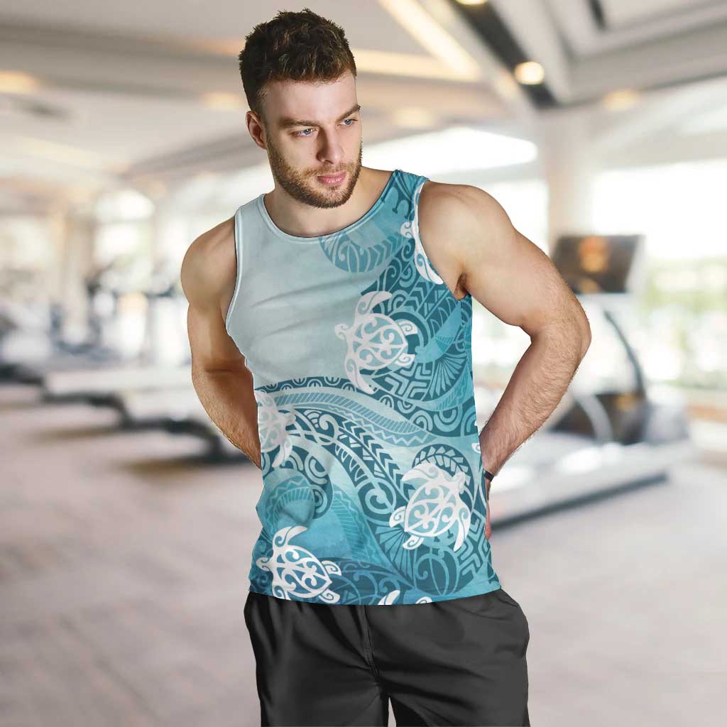 Polynesia Turtle Men Tank Top Watercolor Abstract Style LT7 Blue - Polynesian Pride