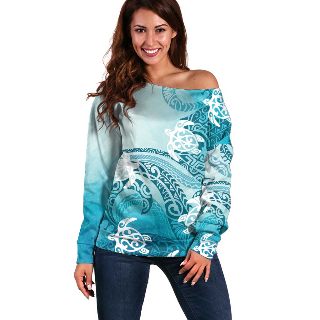 Polynesia Turtle Off Shoulder Sweater Watercolor Abstract Style LT7 Women Blue - Polynesian Pride