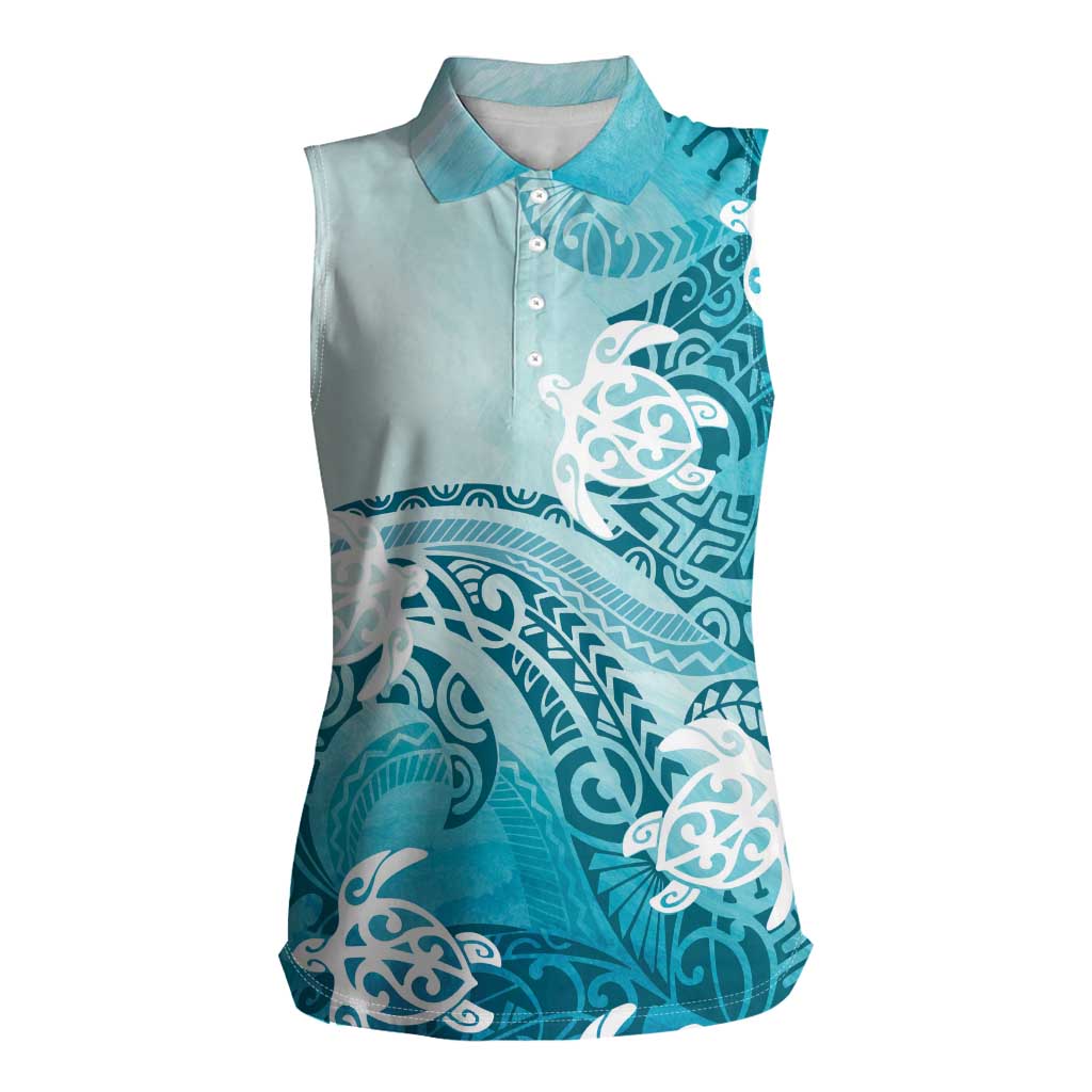 Polynesia Turtle Women Sleeveless Polo Shirt Watercolor Abstract Style LT7 Female Blue - Polynesian Pride