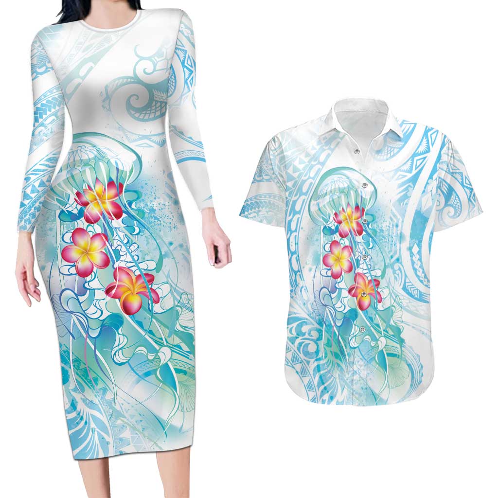 Sea Blue Polynesian Jellyfish Couples Matching Long Sleeve Bodycon Dress and Hawaiian Shirt Watercolor Glows LT7 Light Blue - Polynesian Pride