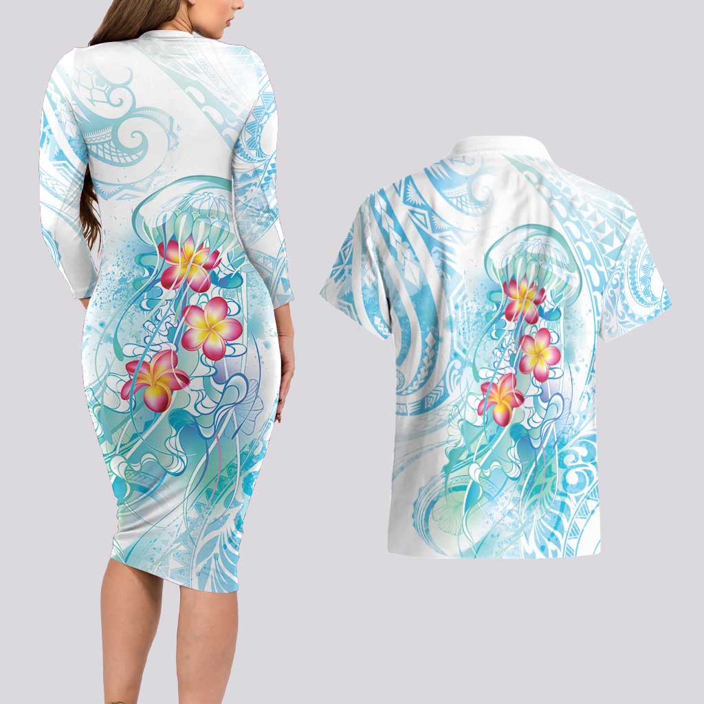 Sea Blue Polynesian Jellyfish Couples Matching Long Sleeve Bodycon Dress and Hawaiian Shirt Watercolor Glows LT7 - Polynesian Pride