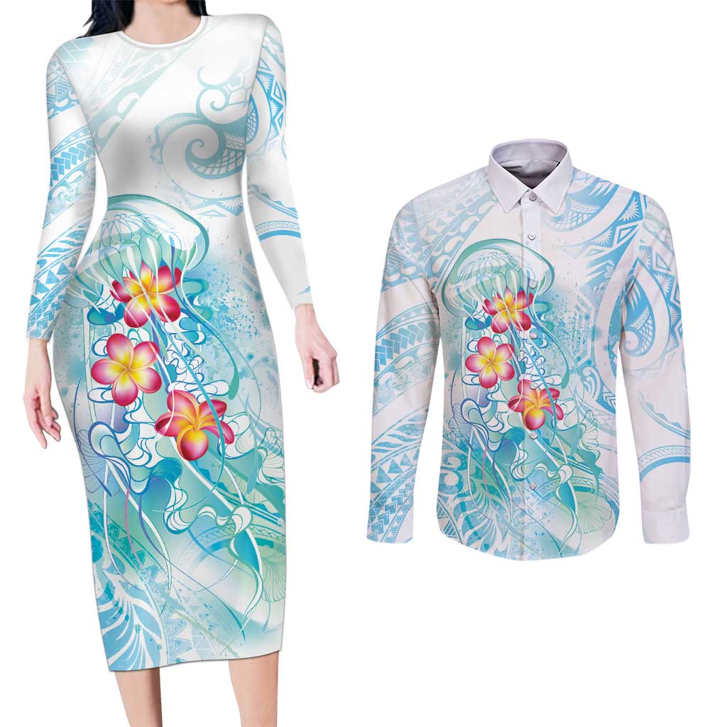 Sea Blue Polynesian Jellyfish Couples Matching Long Sleeve Bodycon Dress and Long Sleeve Button Shirt Watercolor Glows LT7 Light Blue - Polynesian Pride