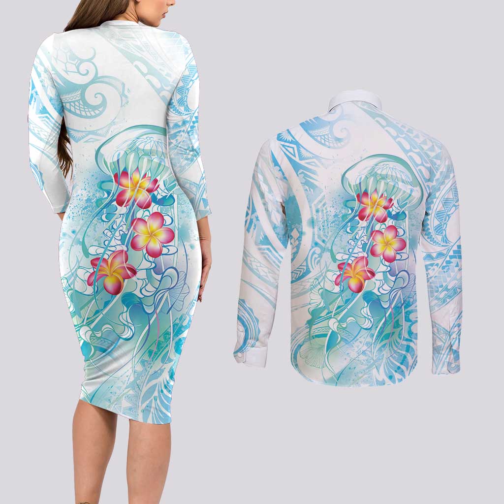 Sea Blue Polynesian Jellyfish Couples Matching Long Sleeve Bodycon Dress and Long Sleeve Button Shirt Watercolor Glows LT7 - Polynesian Pride