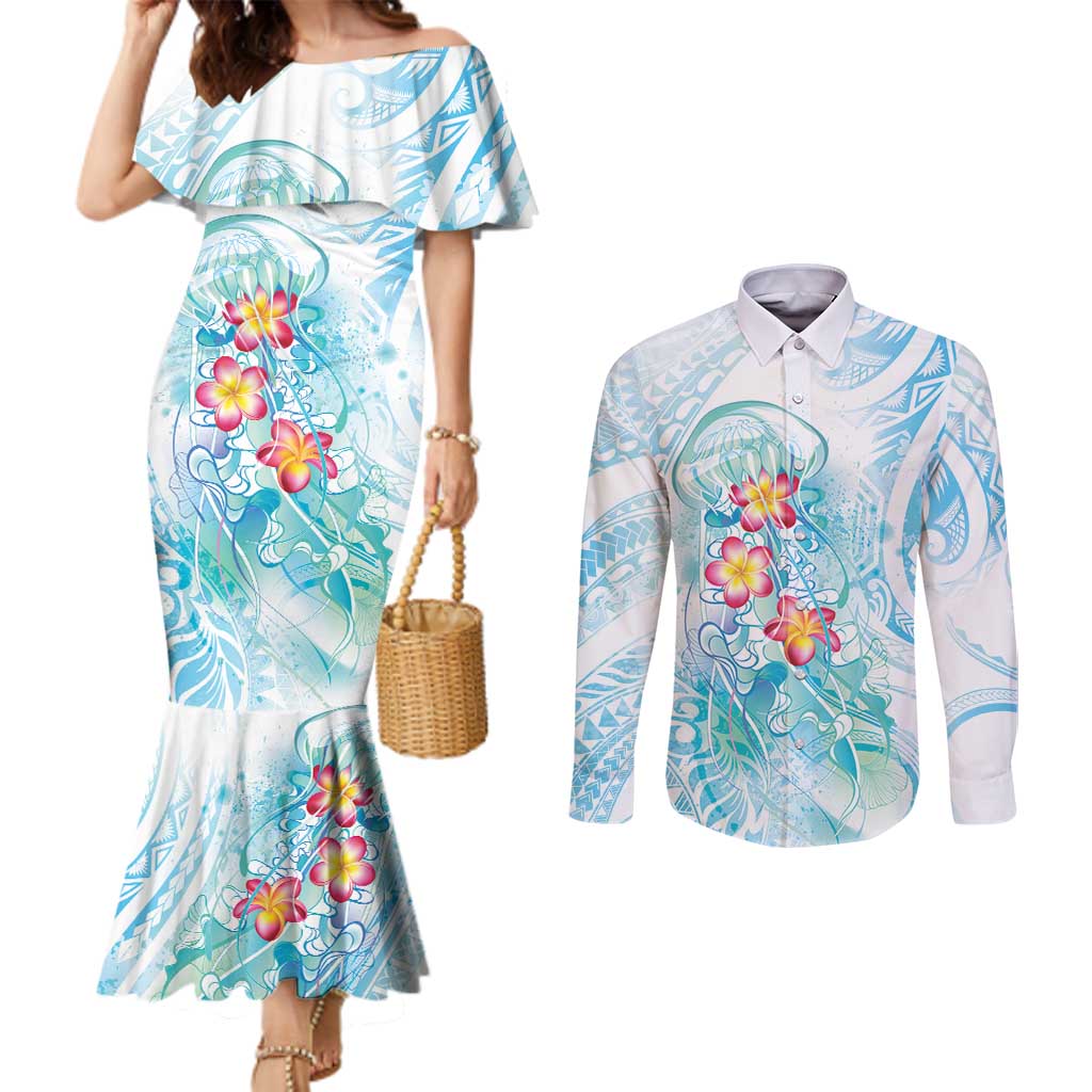 Sea Blue Polynesian Jellyfish Couples Matching Mermaid Dress and Long Sleeve Button Shirt Watercolor Glows LT7 Light Blue - Polynesian Pride