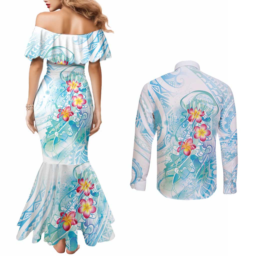 Sea Blue Polynesian Jellyfish Couples Matching Mermaid Dress and Long Sleeve Button Shirt Watercolor Glows LT7 - Polynesian Pride