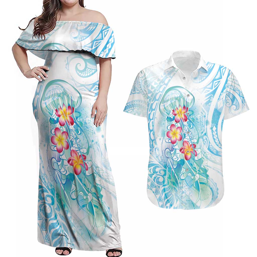 Sea Blue Polynesian Jellyfish Couples Matching Off Shoulder Maxi Dress and Hawaiian Shirt Watercolor Glows LT7 Light Blue - Polynesian Pride