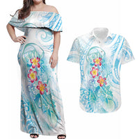 Sea Blue Polynesian Jellyfish Couples Matching Off Shoulder Maxi Dress and Hawaiian Shirt Watercolor Glows LT7 Light Blue - Polynesian Pride