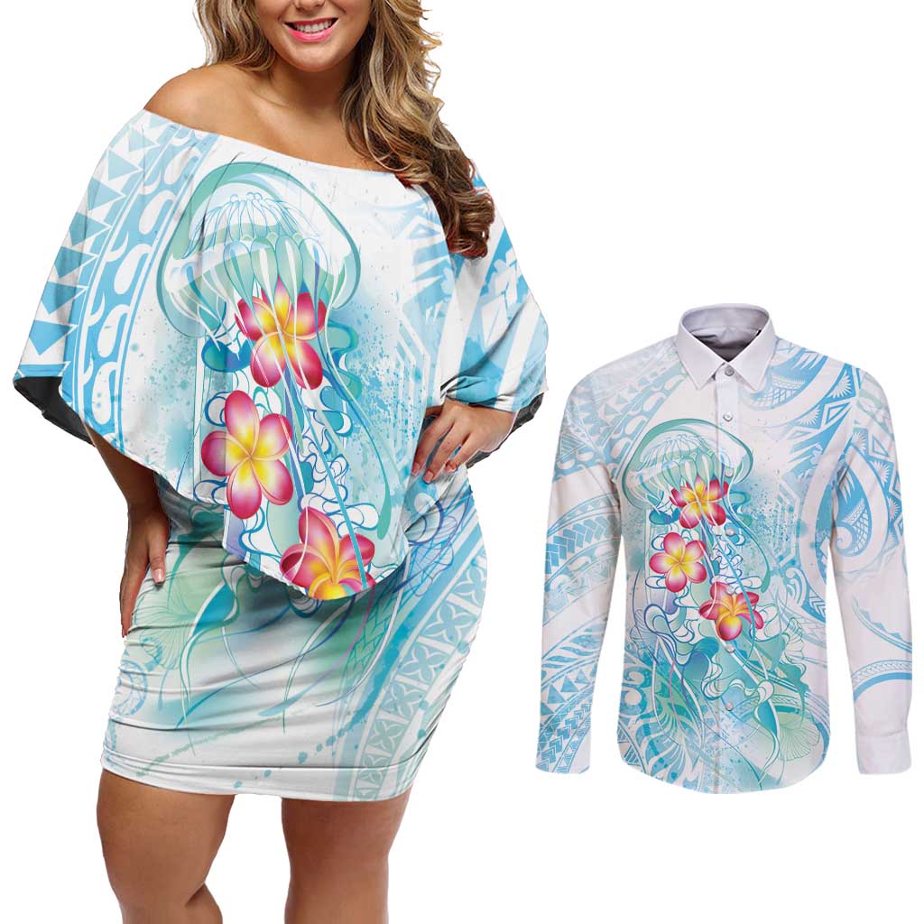 Sea Blue Polynesian Jellyfish Couples Matching Off Shoulder Short Dress and Long Sleeve Button Shirt Watercolor Glows LT7 Light Blue - Polynesian Pride