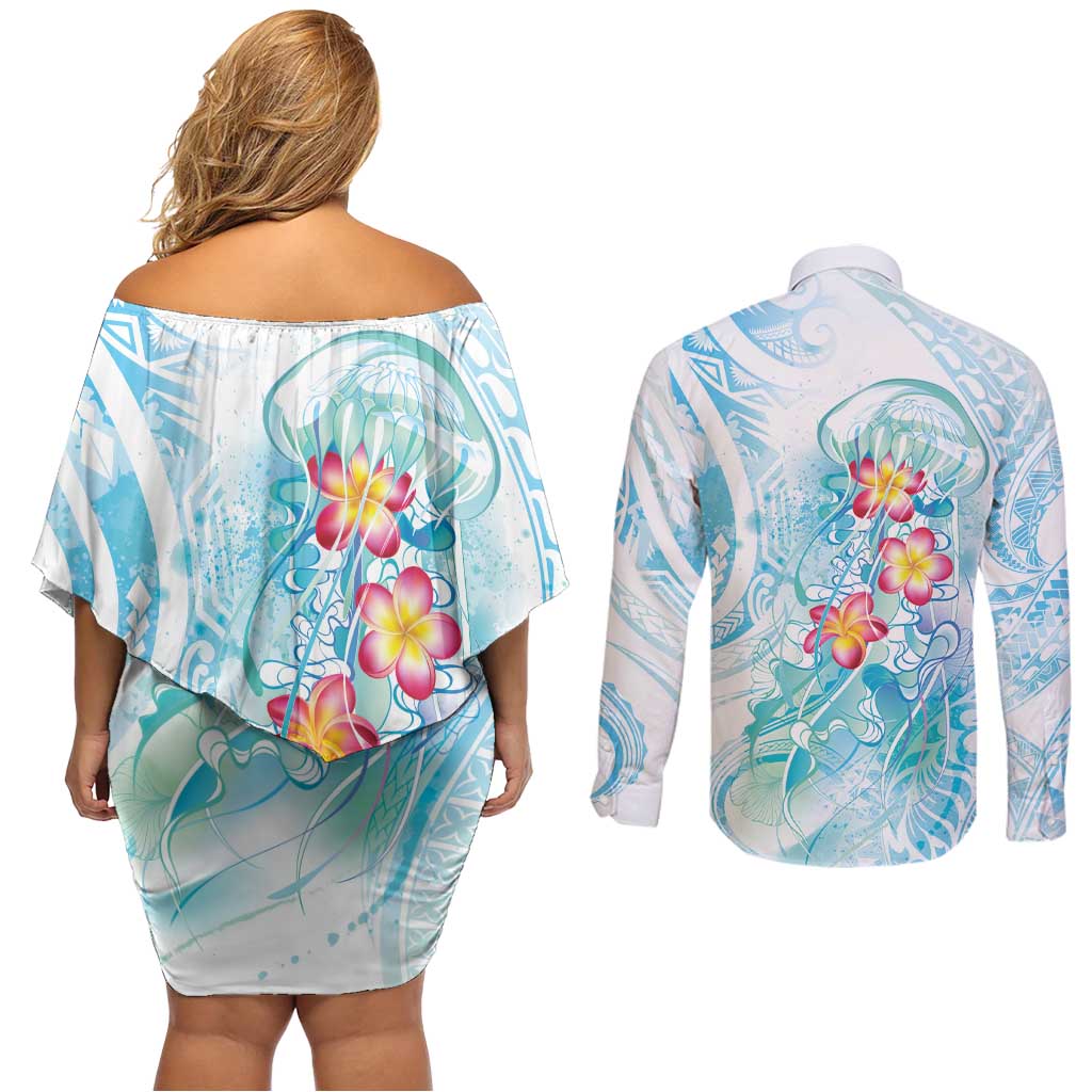 Sea Blue Polynesian Jellyfish Couples Matching Off Shoulder Short Dress and Long Sleeve Button Shirt Watercolor Glows LT7 - Polynesian Pride