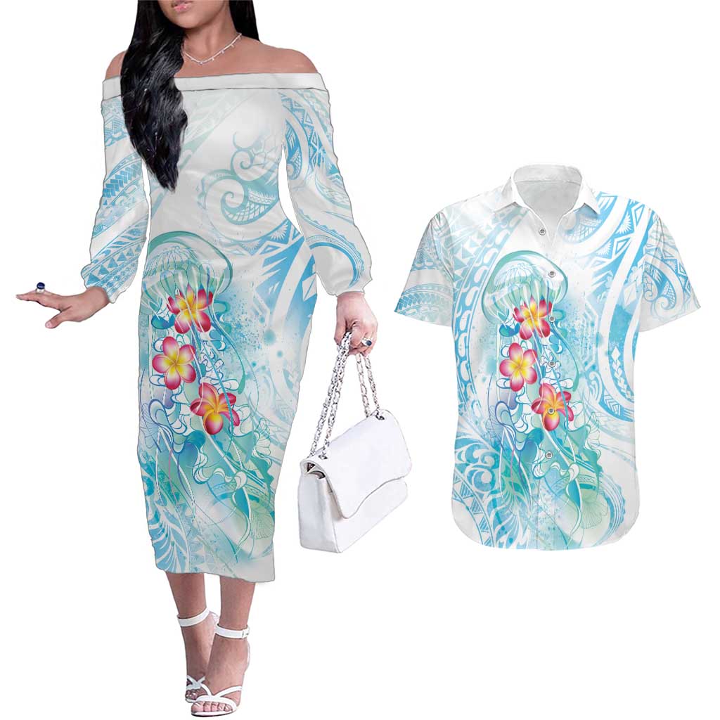 Sea Blue Polynesian Jellyfish Couples Matching Off The Shoulder Long Sleeve Dress and Hawaiian Shirt Watercolor Glows LT7 Light Blue - Polynesian Pride