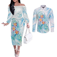 Sea Blue Polynesian Jellyfish Couples Matching Off The Shoulder Long Sleeve Dress and Long Sleeve Button Shirt Watercolor Glows LT7 Light Blue - Polynesian Pride