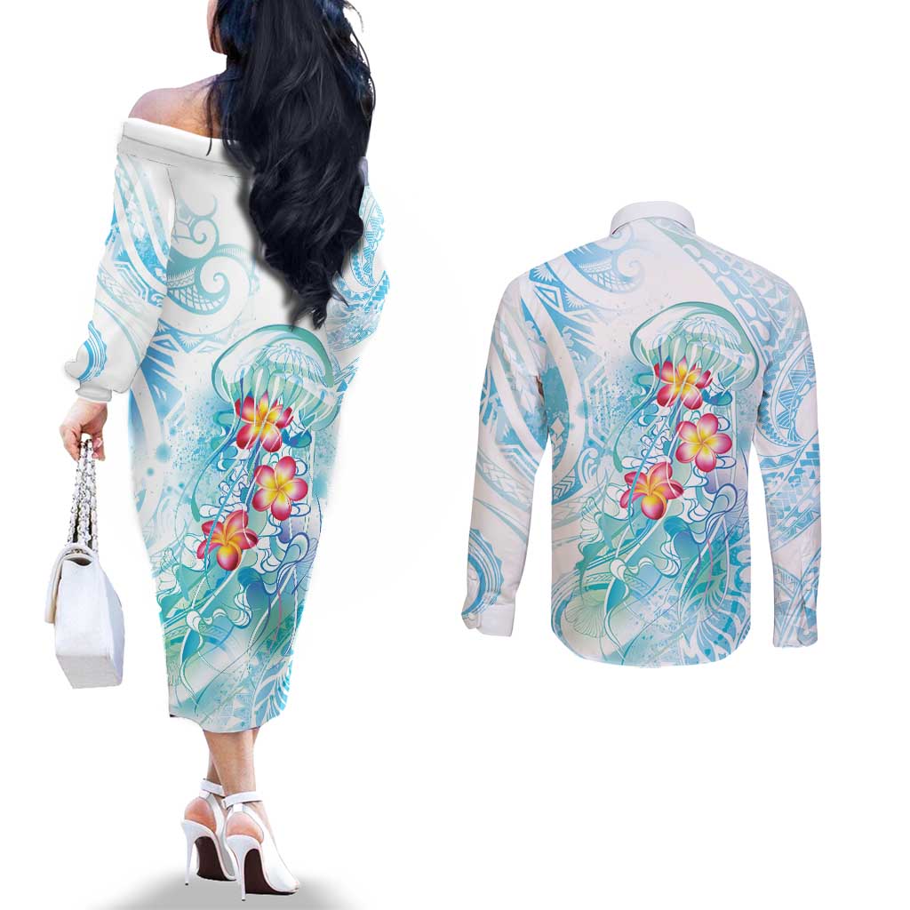 Sea Blue Polynesian Jellyfish Couples Matching Off The Shoulder Long Sleeve Dress and Long Sleeve Button Shirt Watercolor Glows LT7 - Polynesian Pride