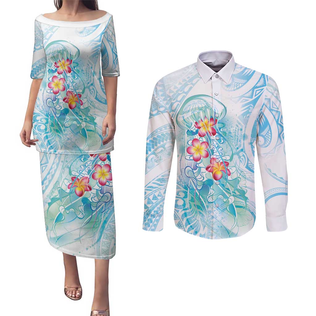 Sea Blue Polynesian Jellyfish Couples Matching Puletasi and Long Sleeve Button Shirt Watercolor Glows LT7 Light Blue - Polynesian Pride