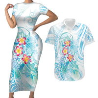 Sea Blue Polynesian Jellyfish Couples Matching Short Sleeve Bodycon Dress and Hawaiian Shirt Watercolor Glows LT7 Light Blue - Polynesian Pride
