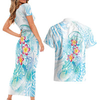 Sea Blue Polynesian Jellyfish Couples Matching Short Sleeve Bodycon Dress and Hawaiian Shirt Watercolor Glows LT7 - Polynesian Pride