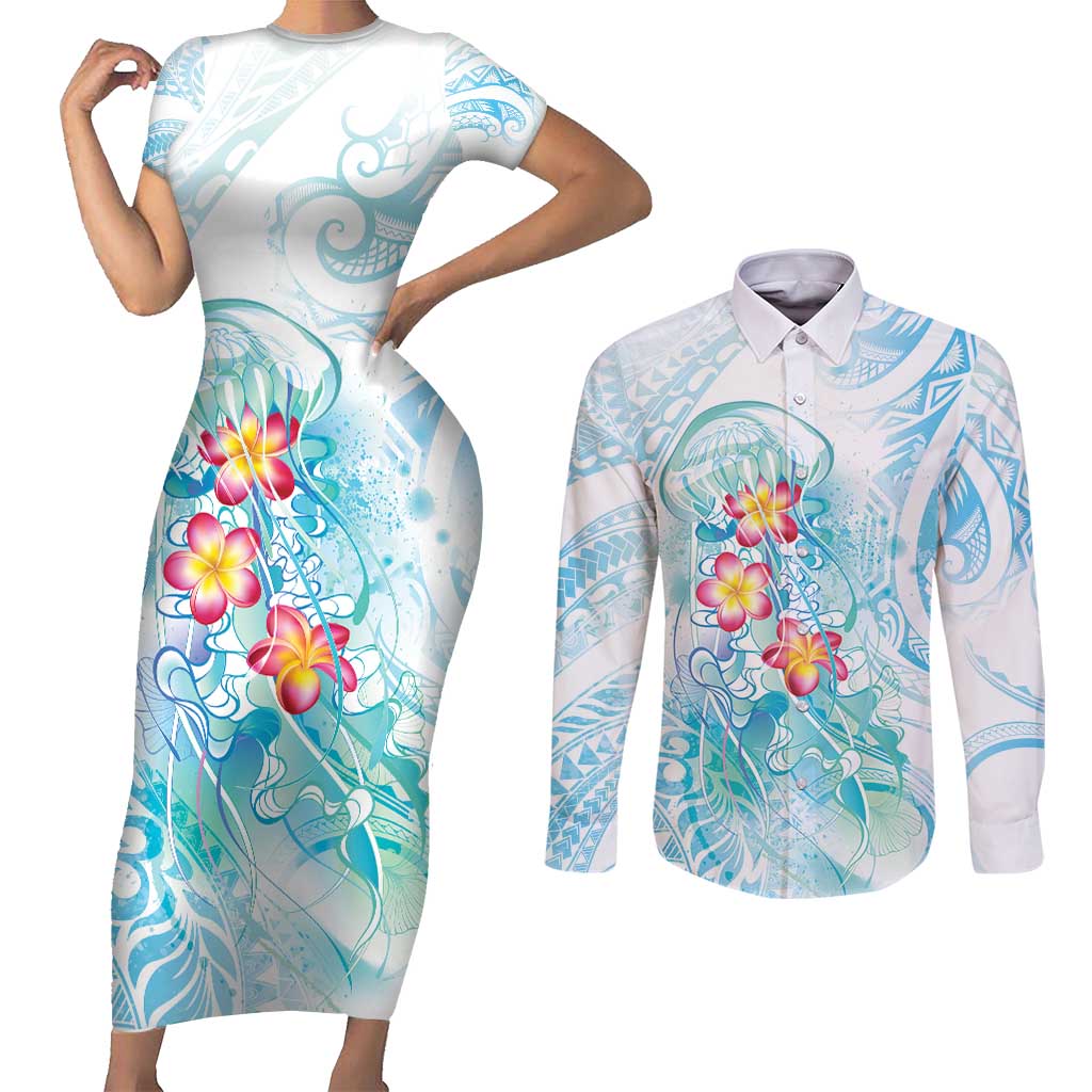 Sea Blue Polynesian Jellyfish Couples Matching Short Sleeve Bodycon Dress and Long Sleeve Button Shirt Watercolor Glows LT7 Light Blue - Polynesian Pride