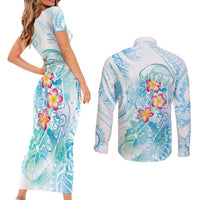 Sea Blue Polynesian Jellyfish Couples Matching Short Sleeve Bodycon Dress and Long Sleeve Button Shirt Watercolor Glows LT7 - Polynesian Pride