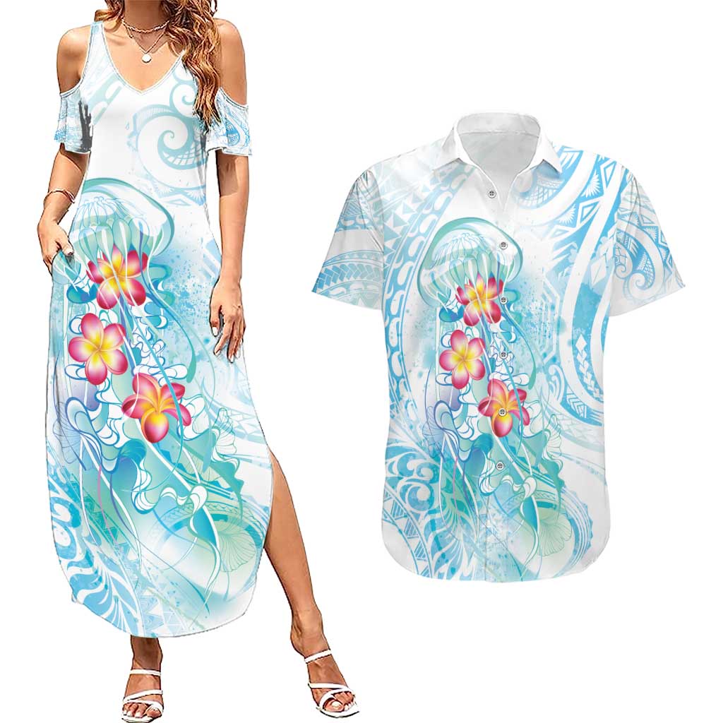 Sea Blue Polynesian Jellyfish Couples Matching Summer Maxi Dress and Hawaiian Shirt Watercolor Glows LT7 Light Blue - Polynesian Pride