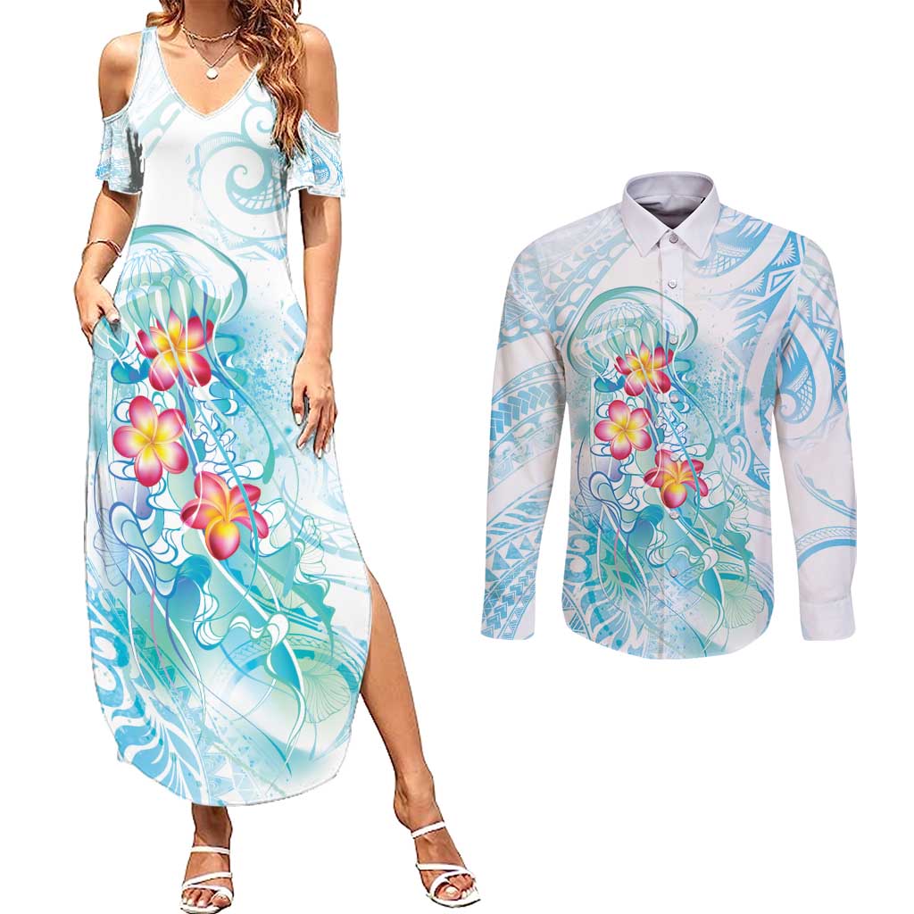 Sea Blue Polynesian Jellyfish Couples Matching Summer Maxi Dress and Long Sleeve Button Shirt Watercolor Glows LT7 Light Blue - Polynesian Pride