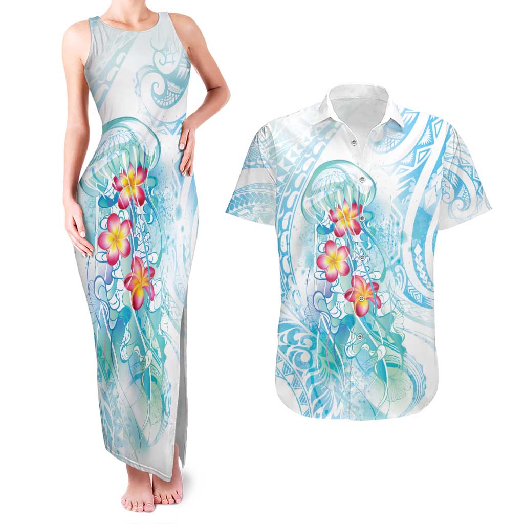 Sea Blue Polynesian Jellyfish Couples Matching Tank Maxi Dress and Hawaiian Shirt Watercolor Glows LT7 Light Blue - Polynesian Pride