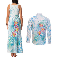 Sea Blue Polynesian Jellyfish Couples Matching Tank Maxi Dress and Long Sleeve Button Shirt Watercolor Glows LT7 - Polynesian Pride