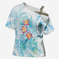 Sea Blue Polynesian Jellyfish Cross Shoulder Shirt Watercolor Glows LT7 Female Light Blue - Polynesian Pride