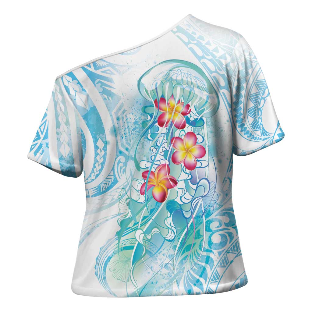 Sea Blue Polynesian Jellyfish Cross Shoulder Shirt Watercolor Glows LT7 - Polynesian Pride