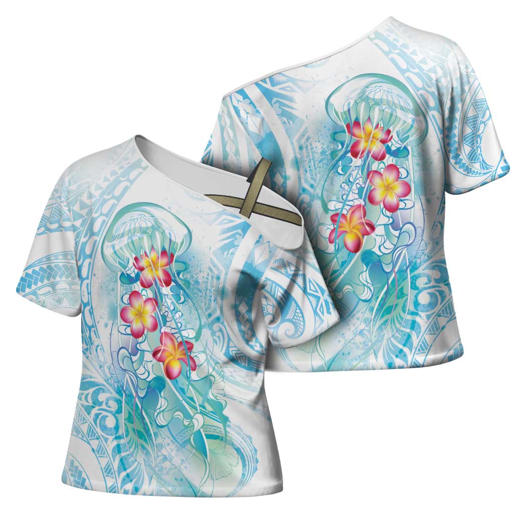 Sea Blue Polynesian Jellyfish Cross Shoulder Shirt Watercolor Glows LT7 - Polynesian Pride
