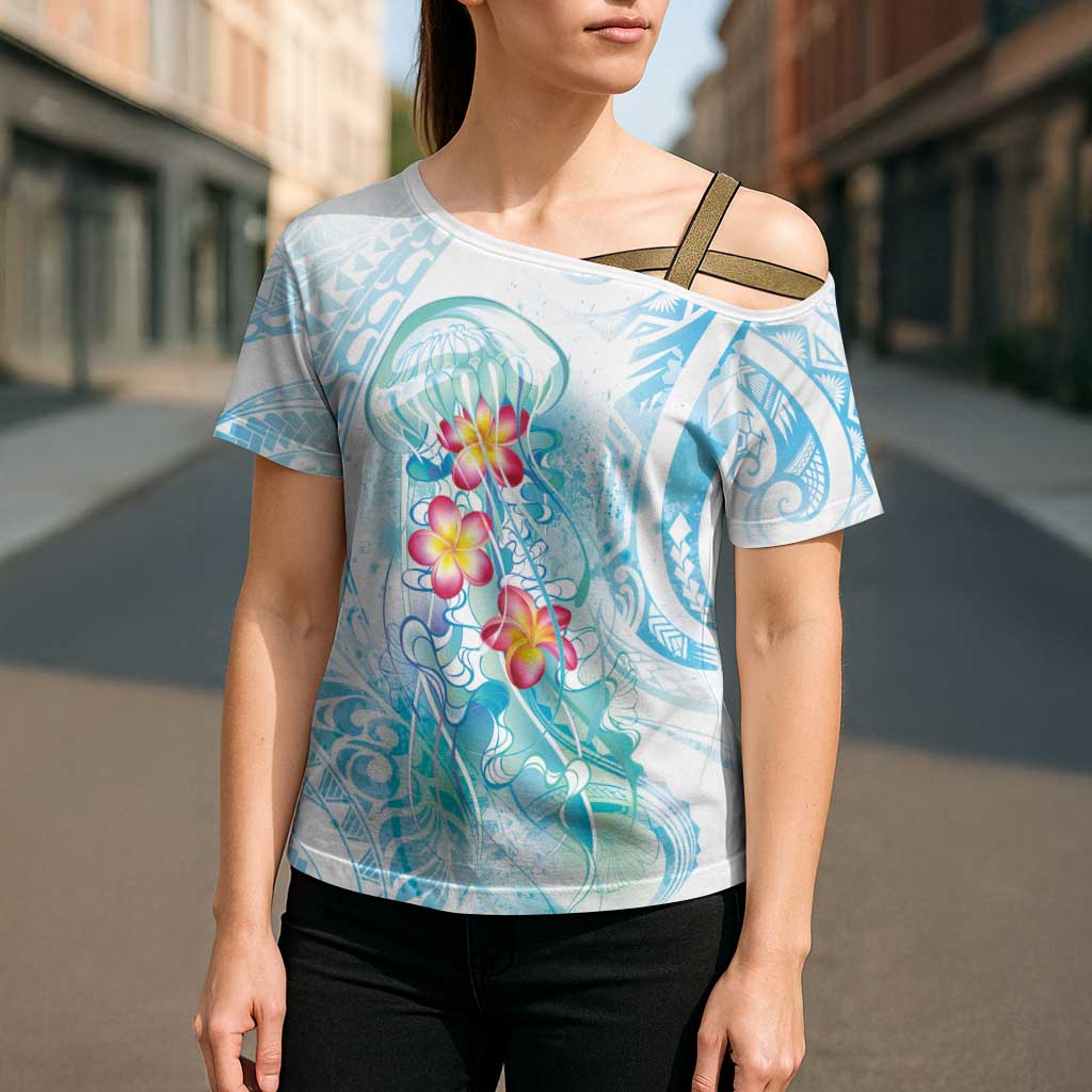 Sea Blue Polynesian Jellyfish Cross Shoulder Shirt Watercolor Glows LT7 - Polynesian Pride