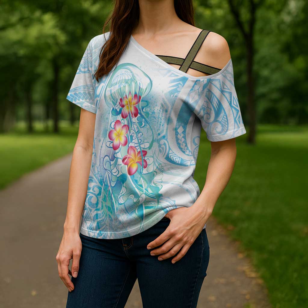 Sea Blue Polynesian Jellyfish Cross Shoulder Shirt Watercolor Glows LT7 - Polynesian Pride