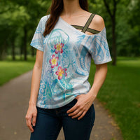 Sea Blue Polynesian Jellyfish Cross Shoulder Shirt Watercolor Glows LT7 - Polynesian Pride