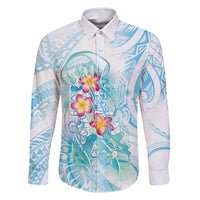 Sea Blue Polynesian Jellyfish Family Matching Long Sleeve Bodycon Dress and Hawaiian Shirt Watercolor Glows LT7 Dad's Shirt - Long Sleeve Light Blue - Polynesian Pride