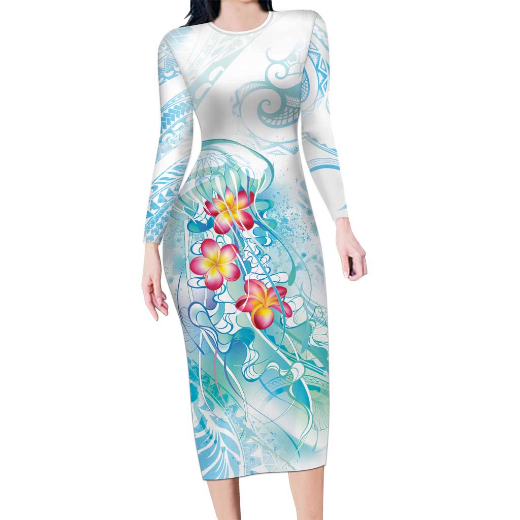 Sea Blue Polynesian Jellyfish Family Matching Long Sleeve Bodycon Dress and Hawaiian Shirt Watercolor Glows LT7 Mom's Dress Light Blue - Polynesian Pride