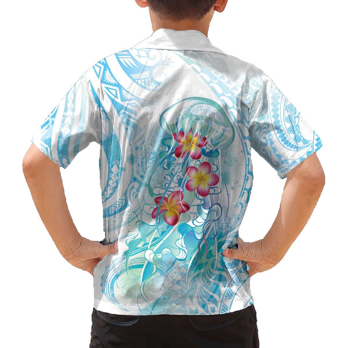 Sea Blue Polynesian Jellyfish Family Matching Off The Shoulder Long Sleeve Dress and Hawaiian Shirt Watercolor Glows LT7 - Polynesian Pride