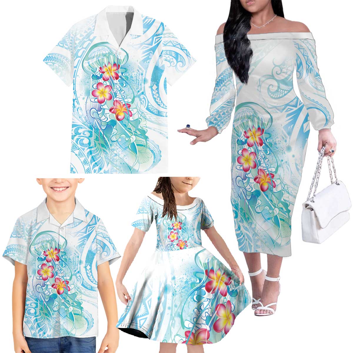 Sea Blue Polynesian Jellyfish Family Matching Off The Shoulder Long Sleeve Dress and Hawaiian Shirt Watercolor Glows LT7 - Polynesian Pride