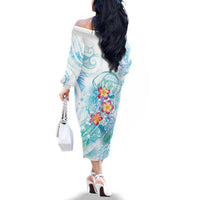 Sea Blue Polynesian Jellyfish Family Matching Off The Shoulder Long Sleeve Dress and Hawaiian Shirt Watercolor Glows LT7 - Polynesian Pride