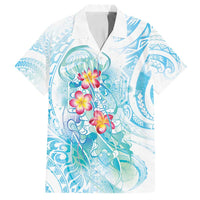 Sea Blue Polynesian Jellyfish Family Matching Off Shoulder Short Dress and Hawaiian Shirt Watercolor Glows LT7 Dad's Shirt - Short Sleeve Light Blue - Polynesian Pride