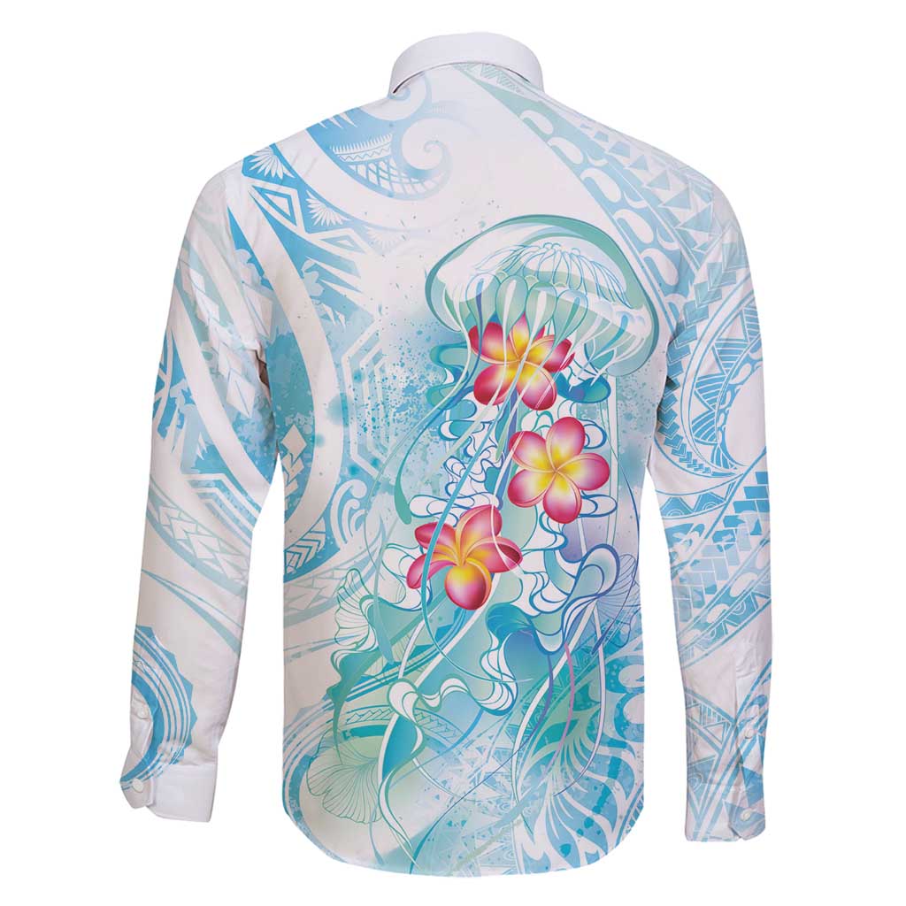 Sea Blue Polynesian Jellyfish Family Matching Off Shoulder Short Dress and Hawaiian Shirt Watercolor Glows LT7 - Polynesian Pride