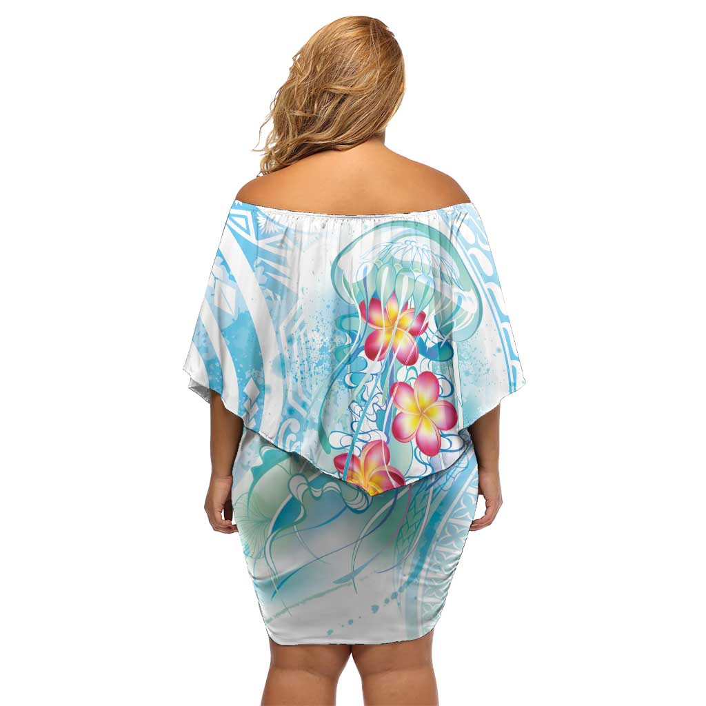 Sea Blue Polynesian Jellyfish Family Matching Off Shoulder Short Dress and Hawaiian Shirt Watercolor Glows LT7 - Polynesian Pride