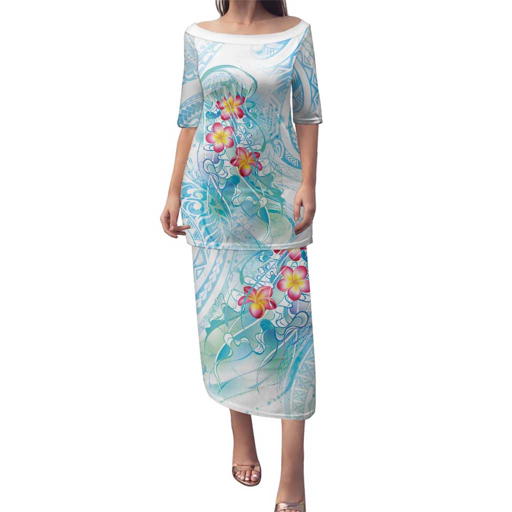 Sea Blue Polynesian Jellyfish Family Matching Puletasi and Hawaiian Shirt Watercolor Glows LT7 Mom's Dress Light Blue - Polynesian Pride