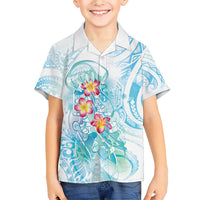 Sea Blue Polynesian Jellyfish Family Matching Short Sleeve Bodycon Dress and Hawaiian Shirt Watercolor Glows LT7 Son's Shirt Light Blue - Polynesian Pride
