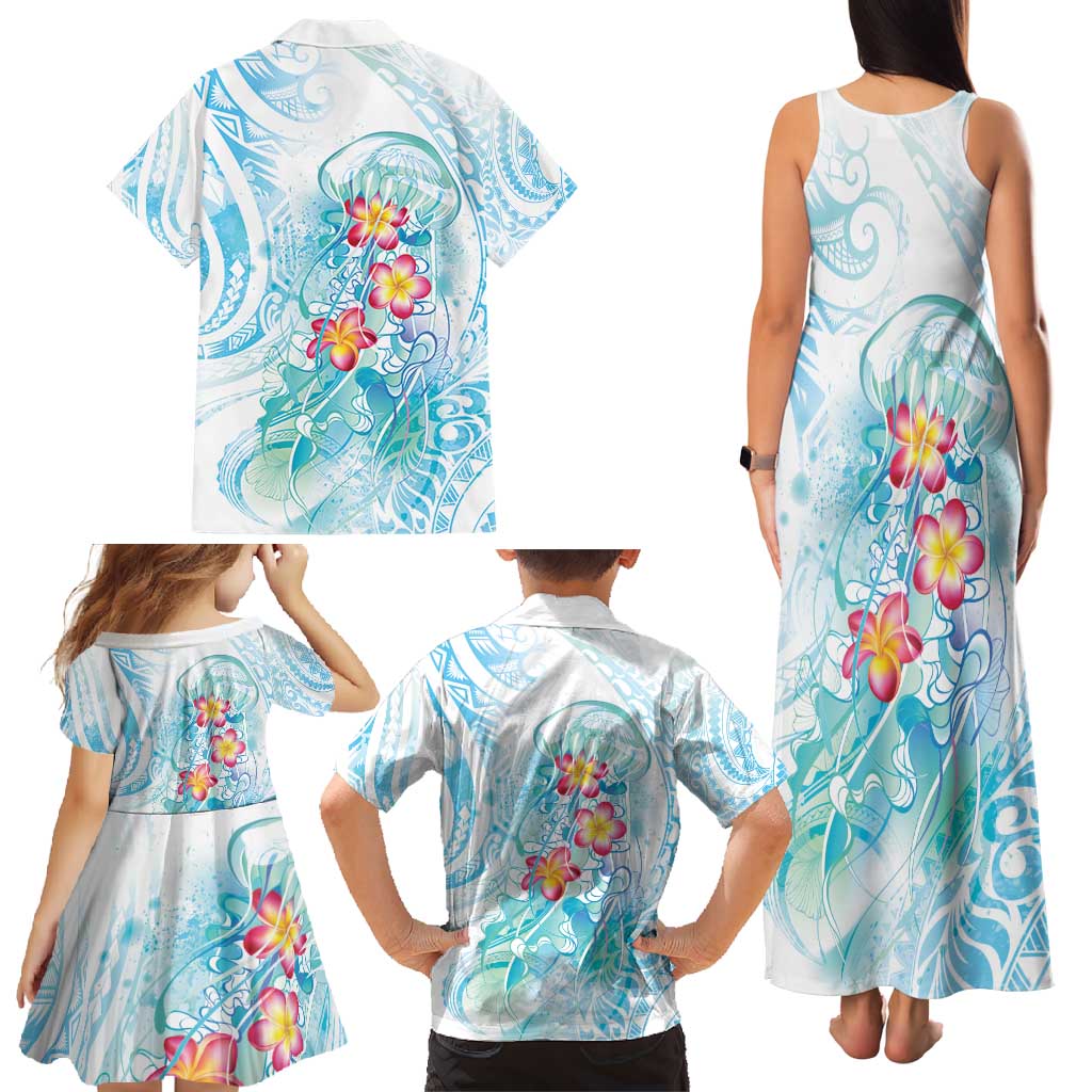 Sea Blue Polynesian Jellyfish Family Matching Tank Maxi Dress and Hawaiian Shirt Watercolor Glows LT7 - Polynesian Pride