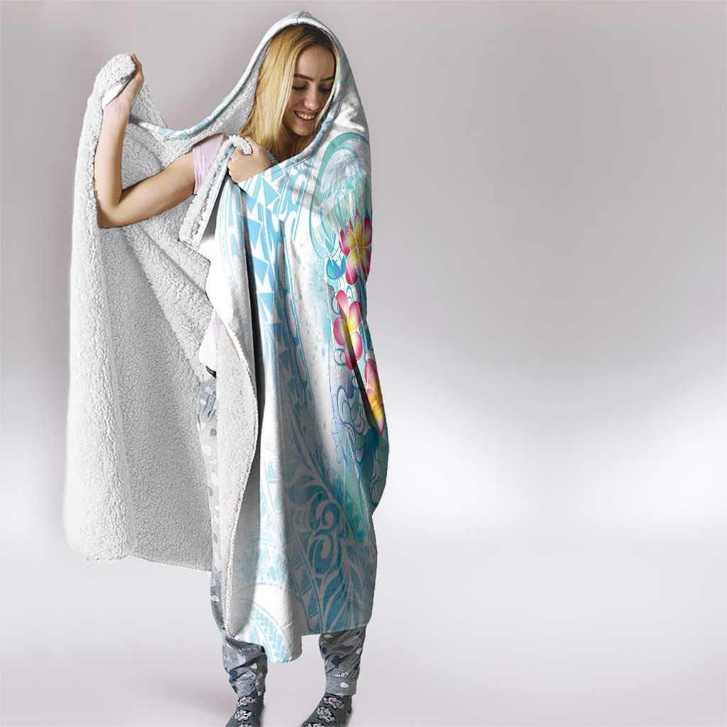 Sea Blue Polynesian Jellyfish Hooded Blanket Watercolor Glows - Polynesian Pride
