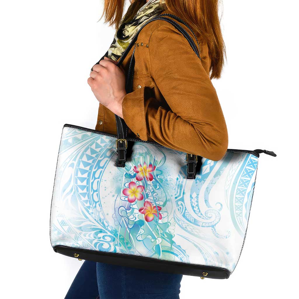Sea Blue Polynesian Jellyfish Leather Tote Bag Watercolor Glows - Polynesian Pride