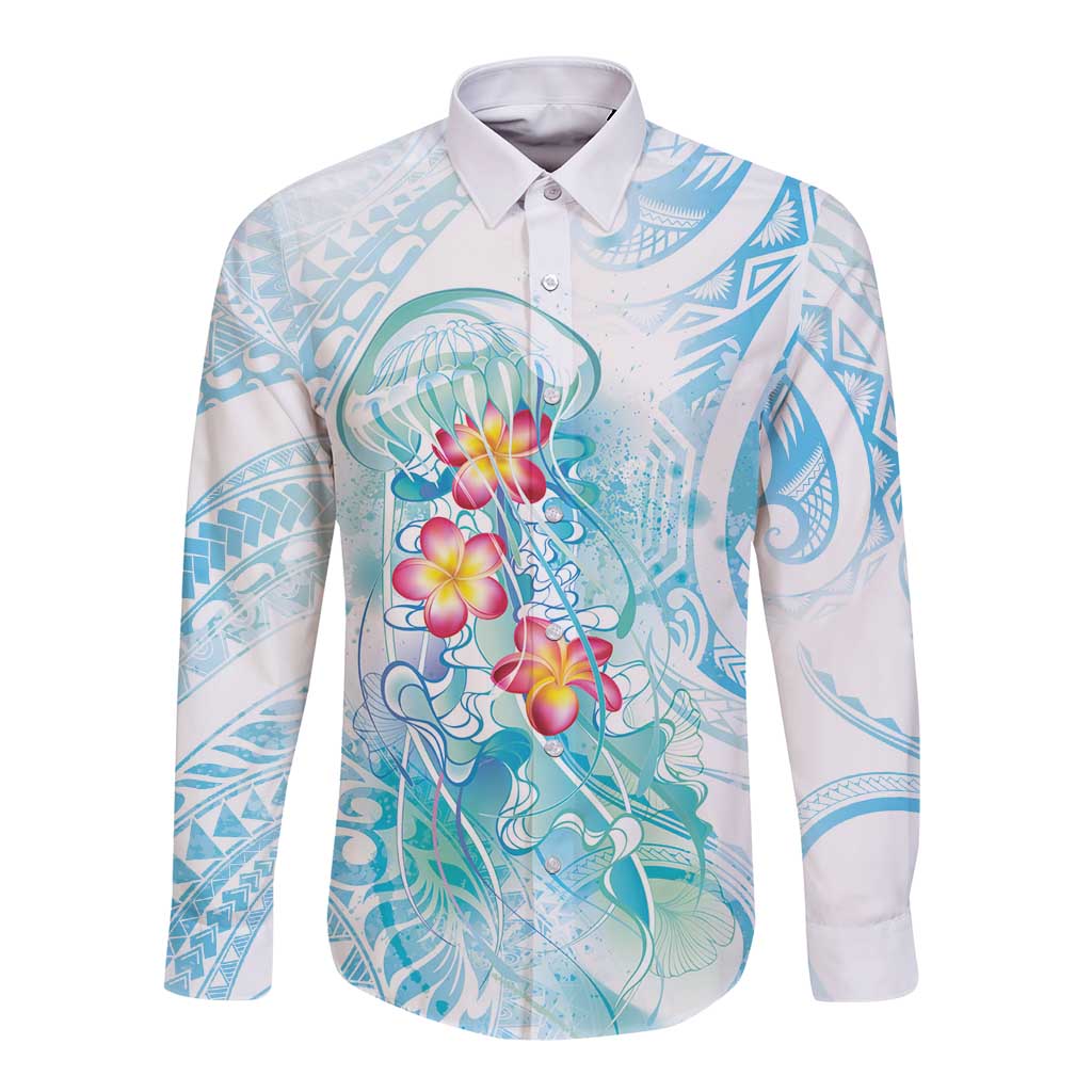 Sea Blue Polynesian Jellyfish Long Sleeve Button Shirt Watercolor Glows LT7 Unisex Light Blue - Polynesian Pride