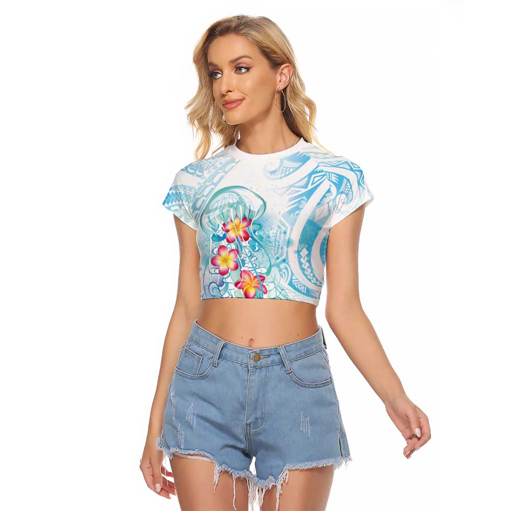 Sea Blue Polynesian Jellyfish Raglan Cropped T Shirt Watercolor Glows LT7 Female Light Blue - Polynesian Pride