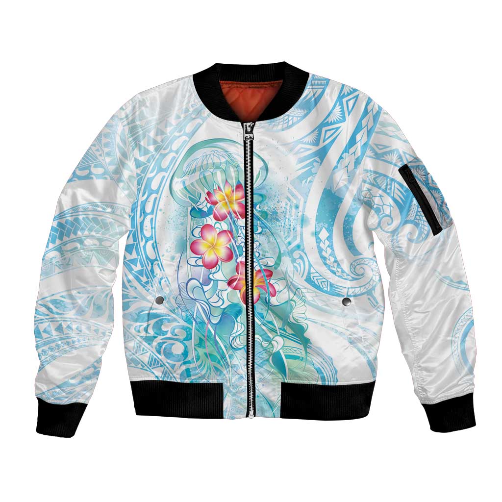 Sea Blue Polynesian Jellyfish Sleeve Zip Bomber Jacket Watercolor Glows LT7 Unisex Light Blue - Polynesian Pride