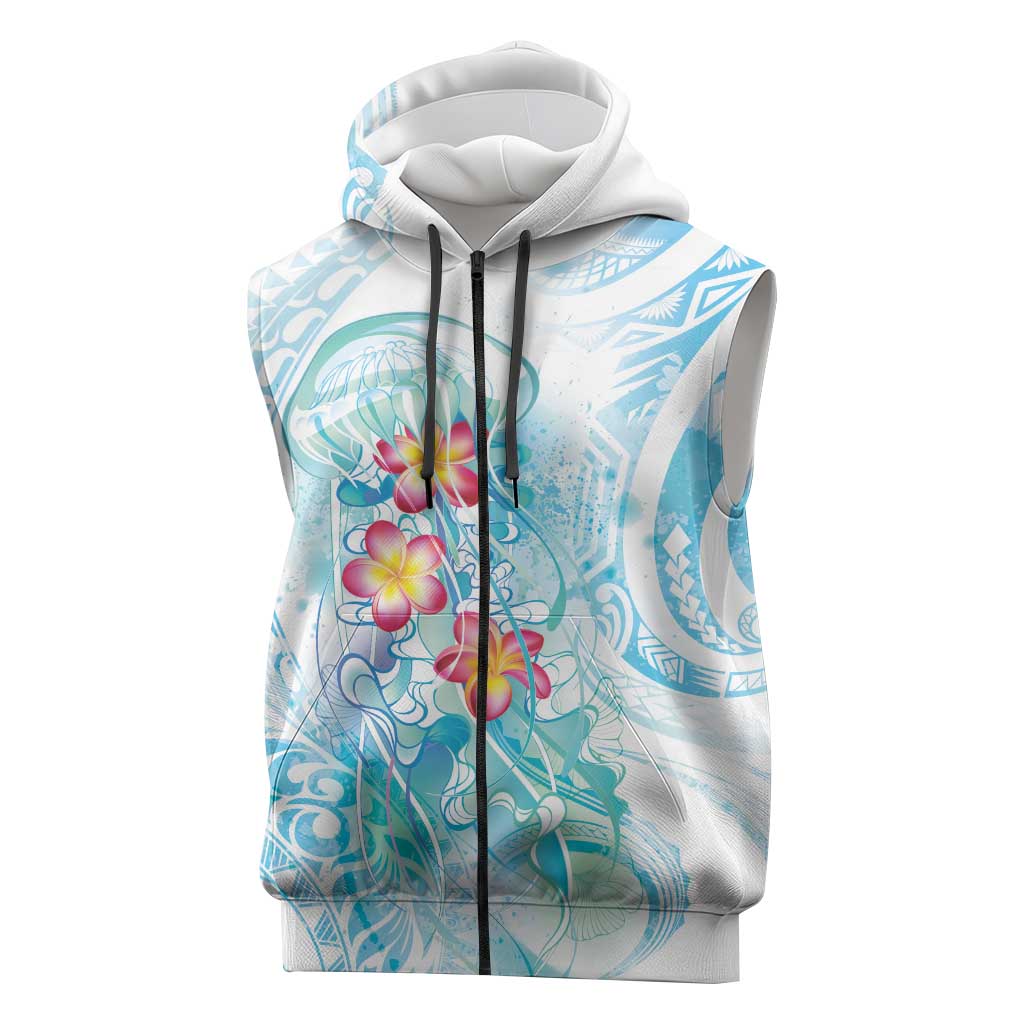 Sea Blue Polynesian Jellyfish Sleeveless Zip Hoodie Watercolor Glows - Polynesian Pride
