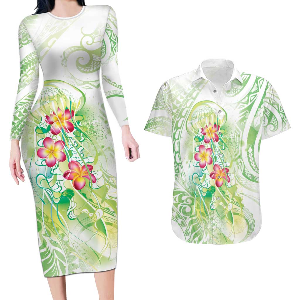 Summer Green Polynesian Jellyfish Couples Matching Long Sleeve Bodycon Dress and Hawaiian Shirt Watercolor Glows LT7 Light Green - Polynesian Pride